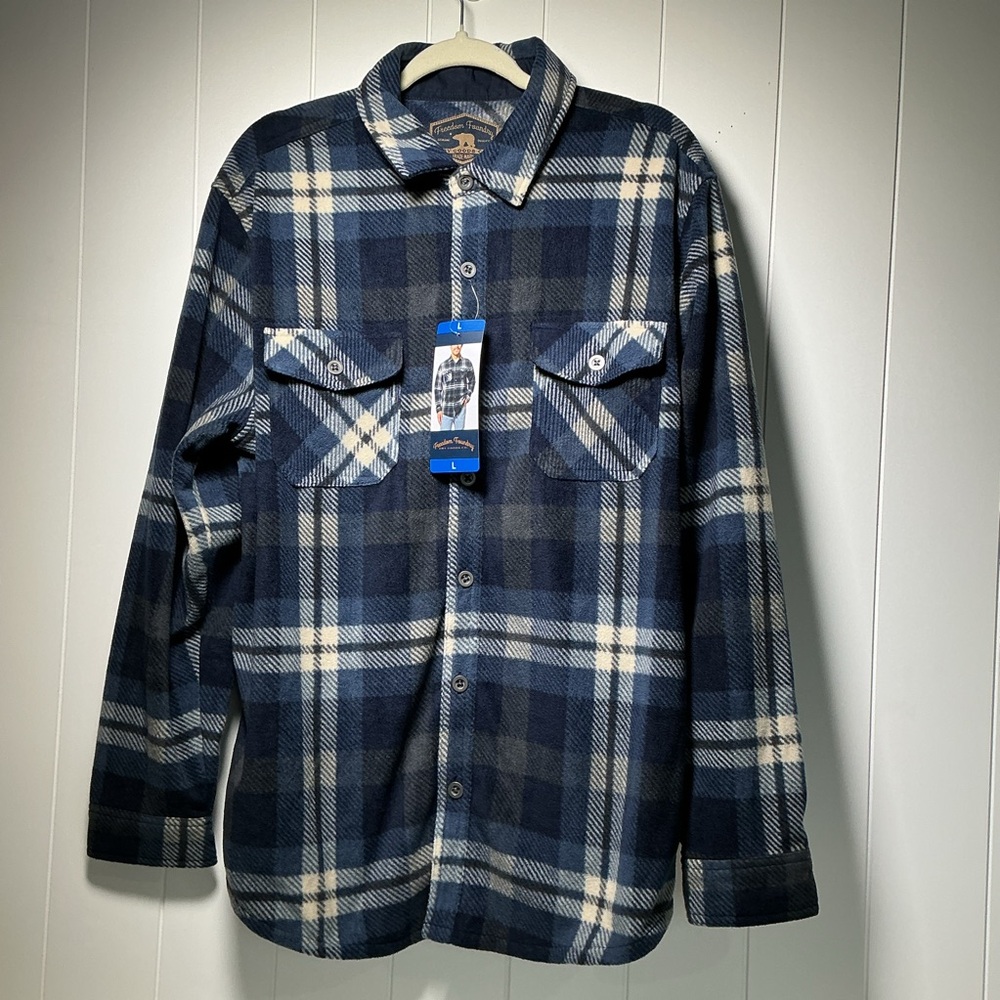 FREEDOM FOUNDRY Shirt Jacket Button Up Blue Plaid Fleece Shacket Sz L NWT Mens